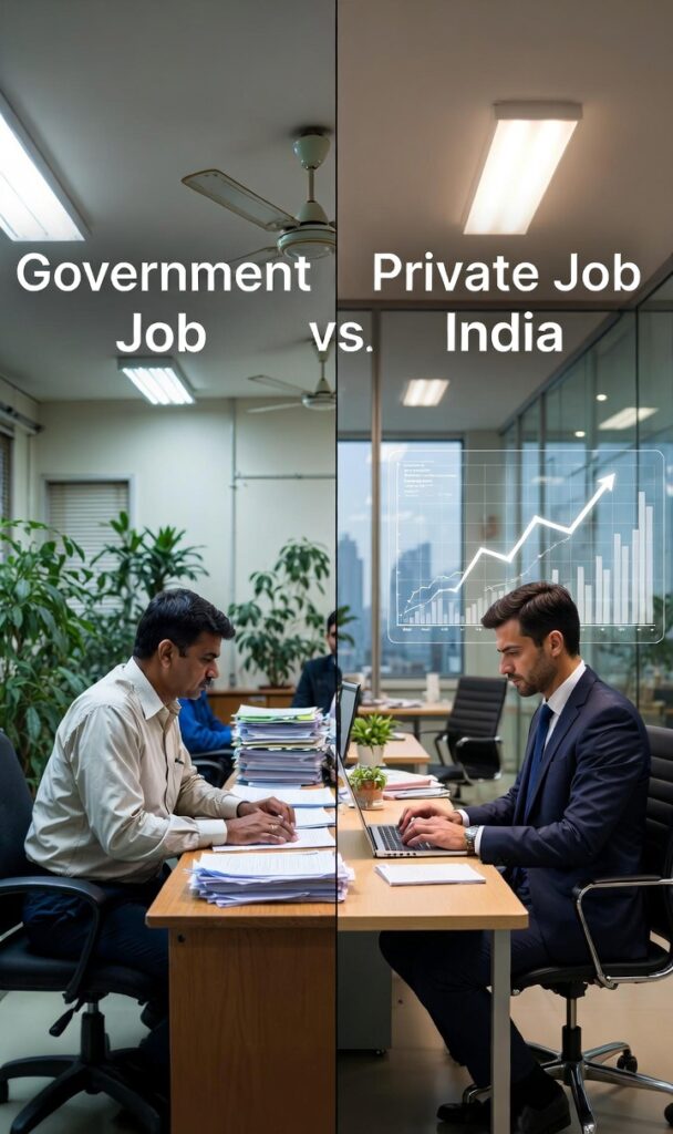 Government Job vs Private Job in India salary and wealth comparison illustration